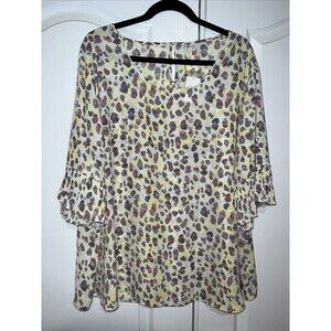 Cato Short Sleeve Shirt Blouse Women's 26/28W Yellow Cream Flowy Ruffle New Tags